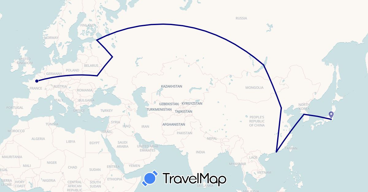 TravelMap itinerary: driving in China, France, Hong Kong, Japan, South Korea, Russia, Ukraine (Asia, Europe)